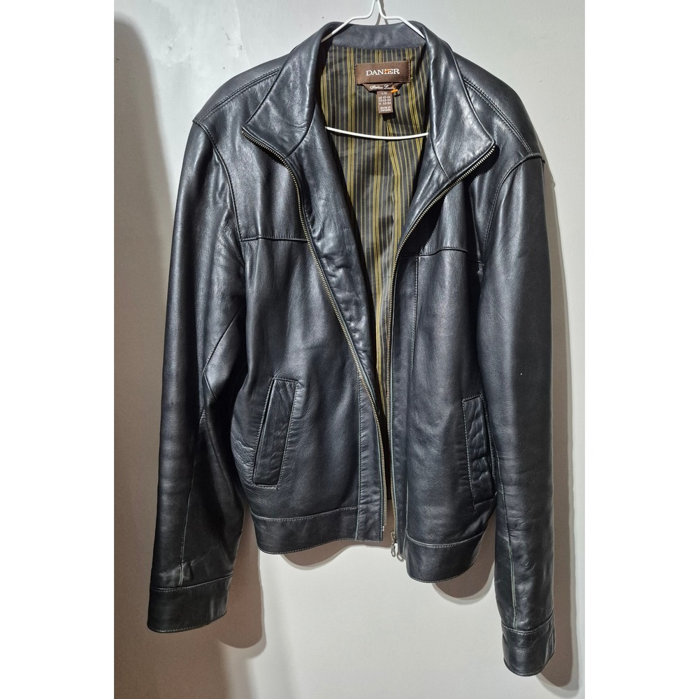 Danier Black Italian Leather Jacket Mens Large Cafe Racer Zip Up Made in Canada